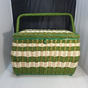 Vintage Penneys Wicker Sewing Basket Green White With Handle Satin Interior